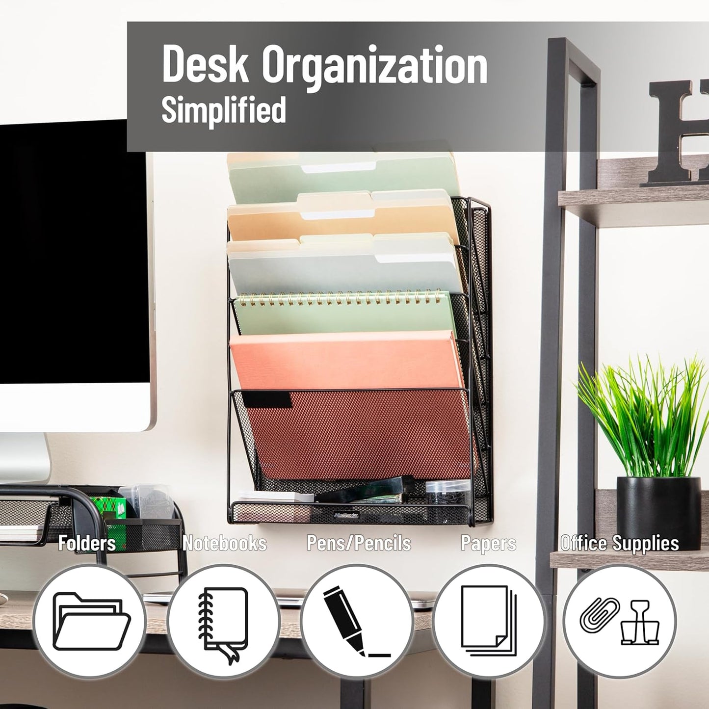 Mind Reader 5-Pocket Vertical File Storage, Desktop Organizer, Wall Mount, Office, Metal Mesh, Pink