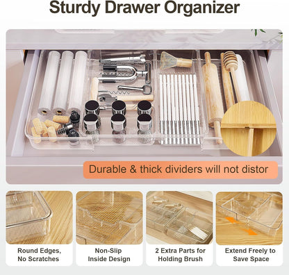 Expandable Drawer Organizer-Adjustable Shallow Tray, 11" to 19" Width,1.97" Height, Clear Plastic Storage for Bedroom, Living Room, Kitchen/Bathroom/Office/Cosmetic/Tools/Cutlery/Stationery