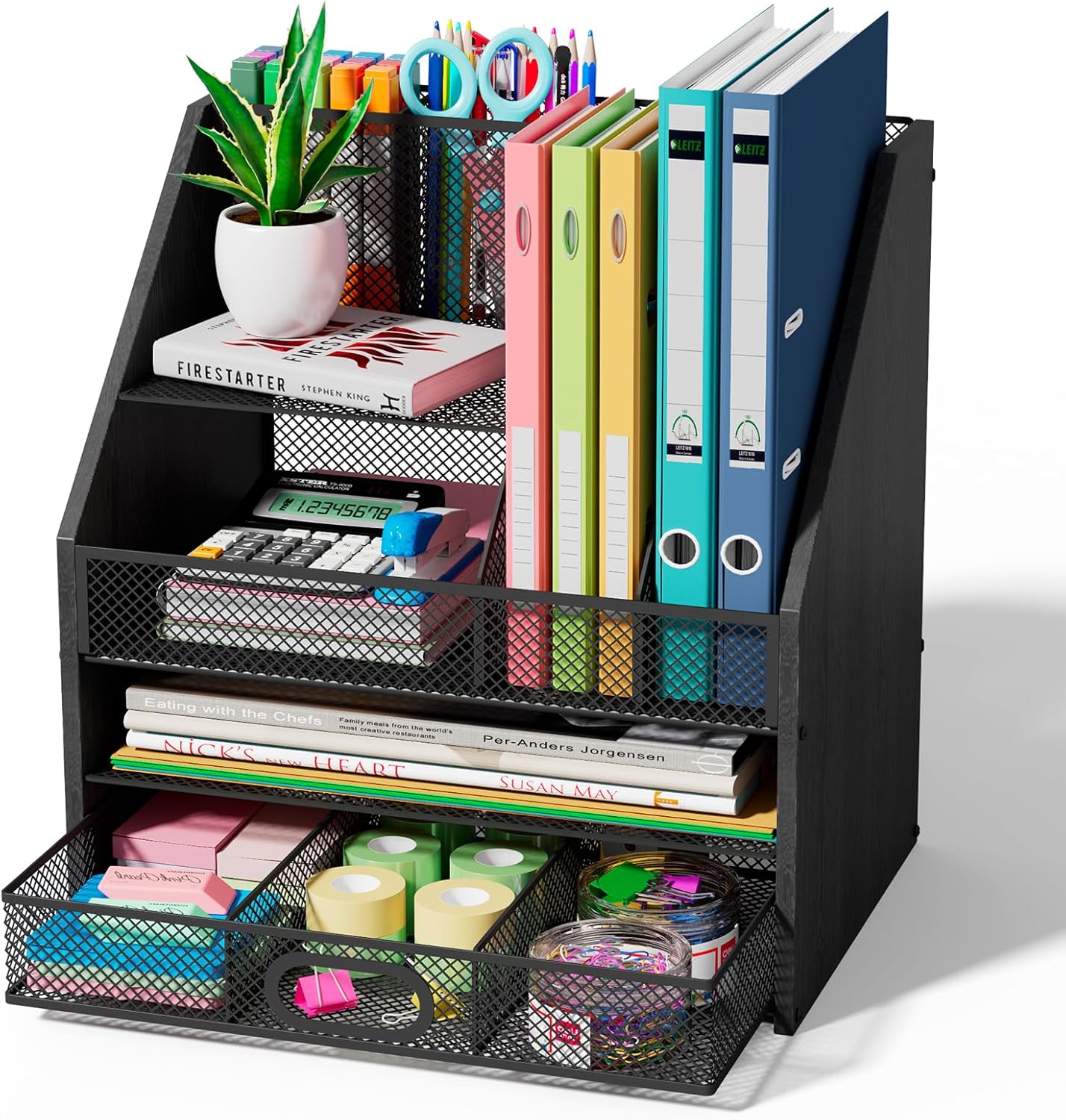 Homsorout Wooden Desk Organizer - Mesh File Organizer with Drawers and Pen Holder - 4-Tier Vertical Paper Letter Storage Tray, Desktop Organizers and Accessories for Home Office