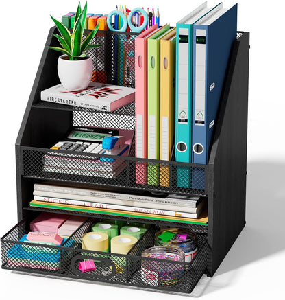 Homsorout Wooden Desk Organizer - Mesh File Organizer with Drawers and Pen Holder - 4-Tier Vertical Paper Letter Storage Tray, Desktop Organizers and Accessories for Home Office