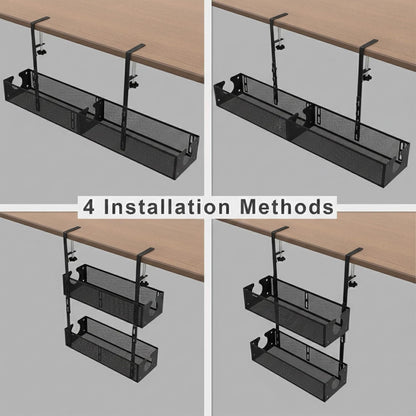 Under Desk Cable Management Tray - Fits up to 1.77" Thick Desks, No-Drill Clamp-on Wire Organizer, Reversible Inward/Outward Install, Heavy Duty Metal Power Strip Holder for Home Office & Gaming Desk