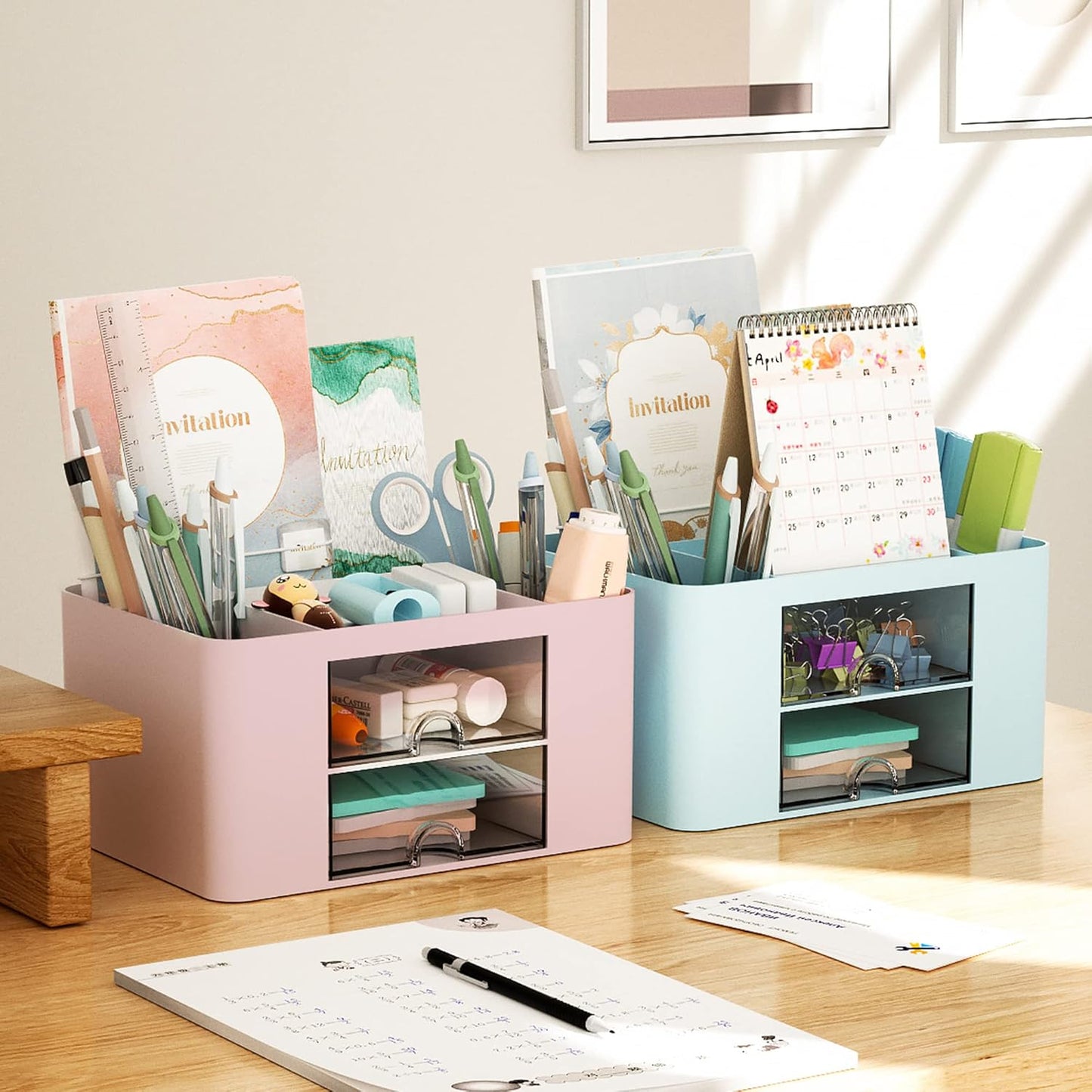 Marbrasse Pen Organizer with 2 Drawer, Multi-Functional Pencil Holder for Desk, Desk Organizers and Accessories with 5 Compartments + Drawer for Office Art Supplies (White)