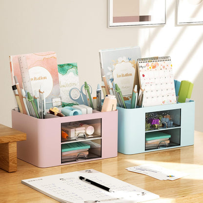 Marbrasse Pen Organizer with 2 Drawer, Multi-Functional Pencil Holder for Desk, Desk Organizers and Accessories with 5 Compartments + Drawer for Office Art Supplies (White)