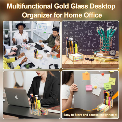 Sticky Note Holder,Glass Post It Note Dispenser with Pen Slot,Gold 3 x 3 Inch Post It Note Holder for Desk,Stylish Sticky Note Dispenser for Home Office Desk