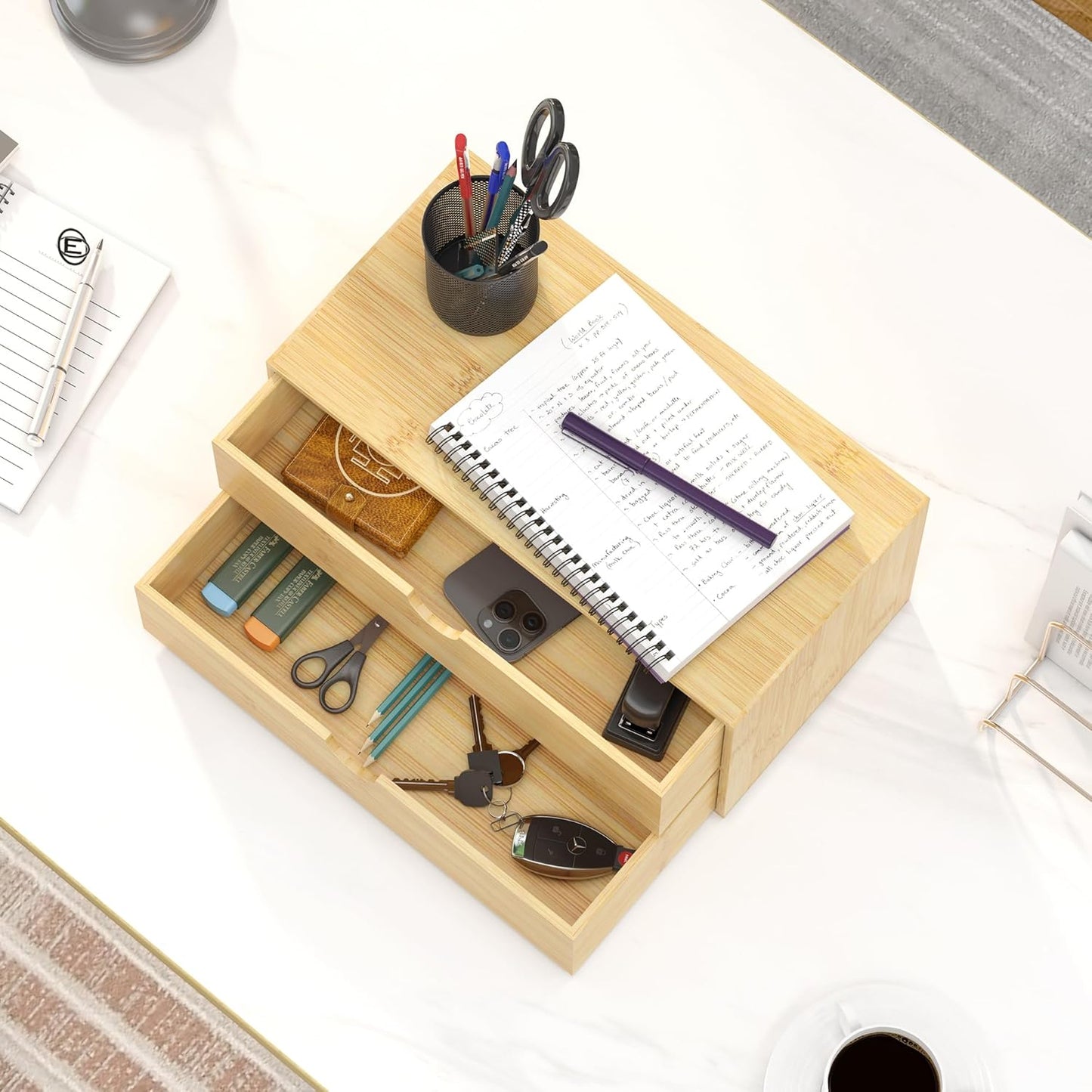 Wisuce Desk Organizer with Drawers - Bamboo Desktop Organizer Storage Natural Wood Desk Drawers Organizer for Bills, Office Supplies, Cosmetics, Seals No Assembly Required 3 Drawers（left-right)