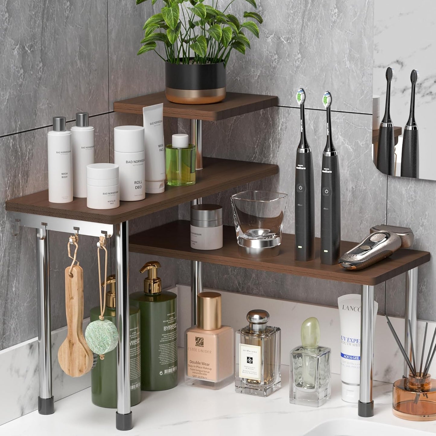 ZHWS Kitchen Countertop Organizer Spice Rack for Salt, Bathroom Counter Organizer Over Sink for Makeup, Skincare, Adjustable 3-Tier Corner Counter Shelf with 4 Hooks for Coffee Bar Dresser Table