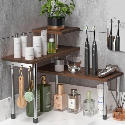 ZHWS Kitchen Countertop Organizer Spice Rack for Salt, Bathroom Counter Organizer Over Sink for Makeup, Skincare, Adjustable 3-Tier Corner Counter Shelf with 4 Hooks for Coffee Bar Dresser Table
