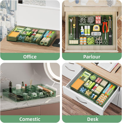 Marbrasse Expandable Desk Drawer Organizer, Clear Plastic Drawer Organizer Tray with 10 Adjustable Compartments, Desk Organizers and Accessories, 5 Drawer Dividers for Office Supplies, Makeup(Black)