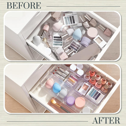 STORi SimpleSort 6-Piece Stackable Clear Drawer Organizer Set | 12" x 3" x 2" Rectangle Trays | Narrow Makeup Vanity Storage Bins and Office Desk Drawer Dividers | Made in USA