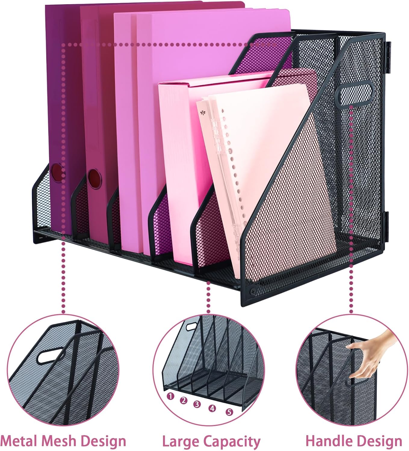 Desk Organizers, Metal Magazine File Holder with 2 Vertical Compartments Rack Binder File Organizer for Office Supplies, Home Workspace - Black