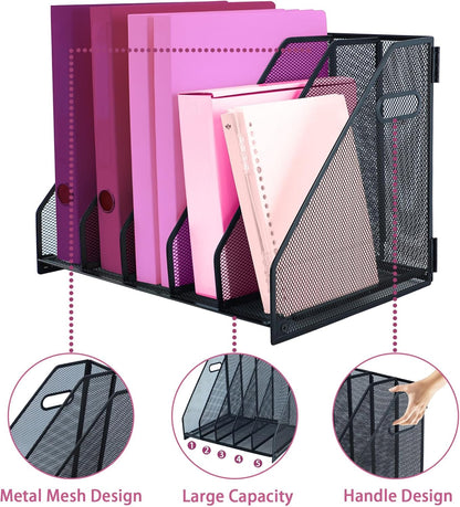 Desk Organizers, Metal Magazine File Holder with 2 Vertical Compartments Rack Binder File Organizer for Office Supplies, Home Workspace - Black