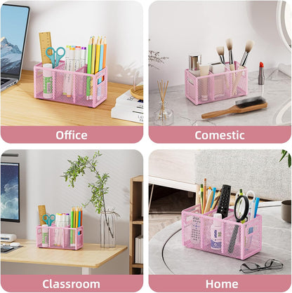Marbrasse Mesh Pen Holder for Desk,Pencil Holder Desk Organizer 3 Adjustable Compartments,Pencil Cup with Handle Perfect for Classroom, Office, Home,Makeup,Art (Black)