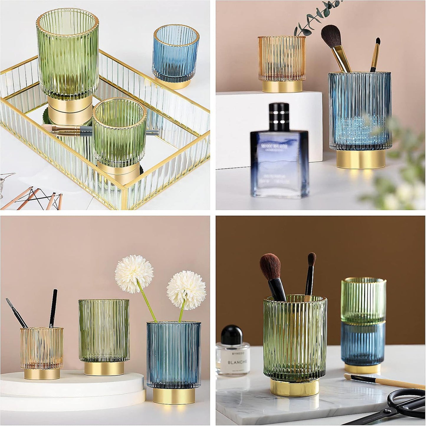 DASITON Makeup Brush holder Organizer,Crystal Cosmetic Makeup Brush Glass Brushes Storage Holder, Vintage Make Up Brush Cup Pen Pencil Holder striped vase(Coffee S)