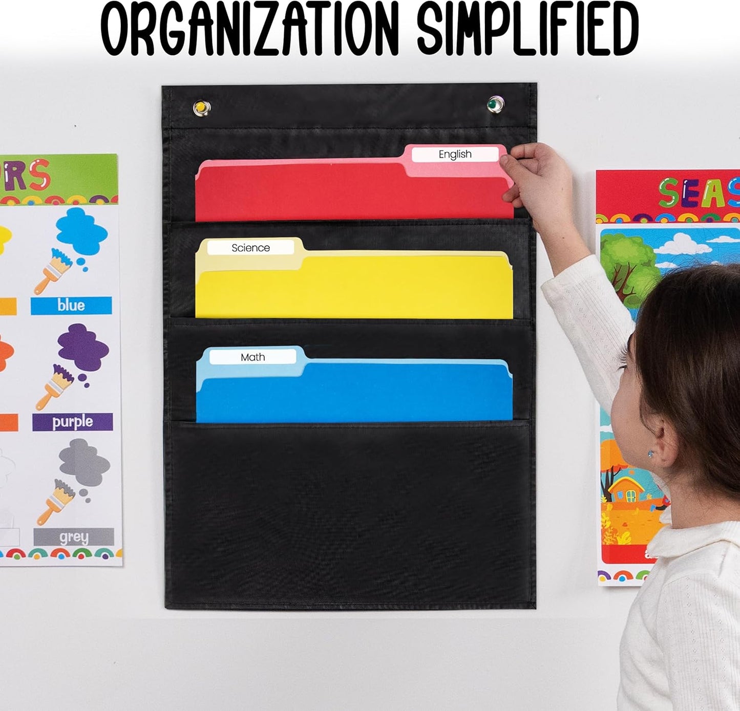 Essex Wares - 7 Pocket File Pocket Chart, Black, Tall - Versatile Wall Hanging File Folder Organizer for Classroom, Office, Home, and More - Wall Folder Organizer - 7 Pockets