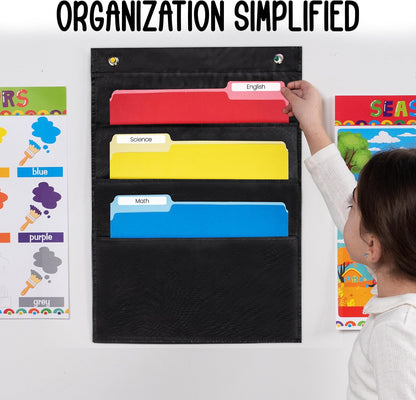 Essex Wares - 7 Pocket File Pocket Chart, Black, Tall - Versatile Wall Hanging File Folder Organizer for Classroom, Office, Home, and More - Wall Folder Organizer - 7 Pockets