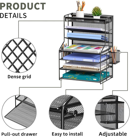 7 Tier Desk File Organizer – Vertical File Organizer for Desk with Removable Pen Holder & Adjustable Pull-out Drawer – Metal Document Organizer for Office, Simple Trending Design – Black