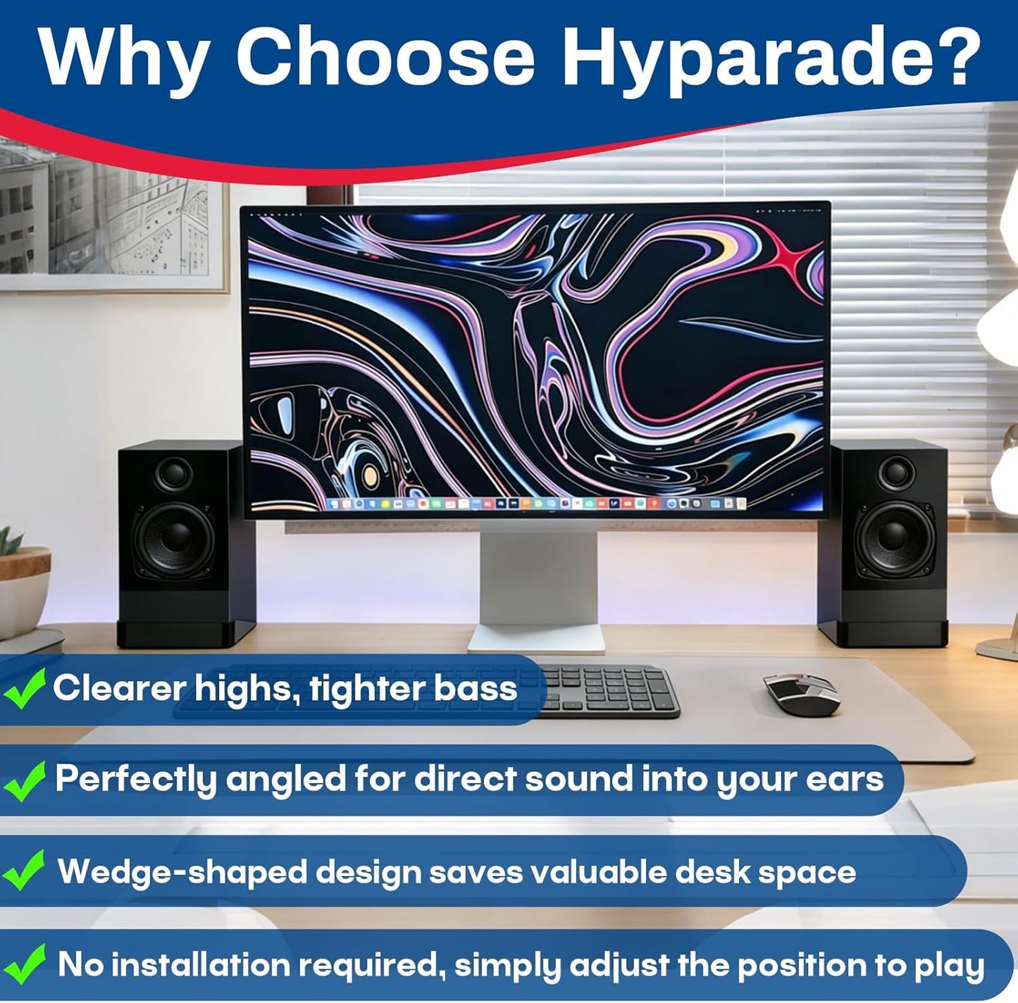1 Pair Hyparade Desktop Speaker Stands, Suitable for Most Small Speakers, 16° Tilt Wedge-Shaped Speaker Riser with Shock-Absorbing Foam, Space-Saving Design