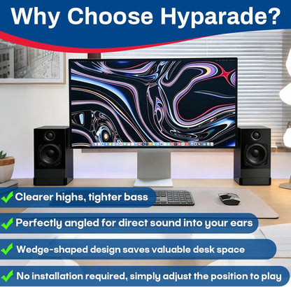 1 Pair Hyparade Desktop Speaker Stands, Suitable for Most Small Speakers, 16° Tilt Wedge-Shaped Speaker Riser with Shock-Absorbing Foam, Space-Saving Design