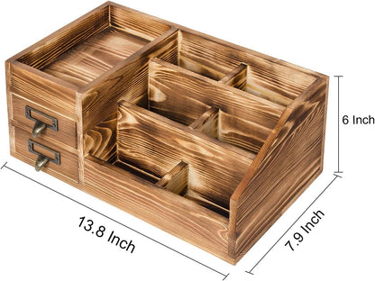 Liry Products Rustic Wooden Desktop Organizer Office Supplies Brown Tabletop Storage Cabinet Stepped Rack Multiple Compartments 2 Tier Drawers Makeup Accessory Jewelry Sorter Display Box Home Office