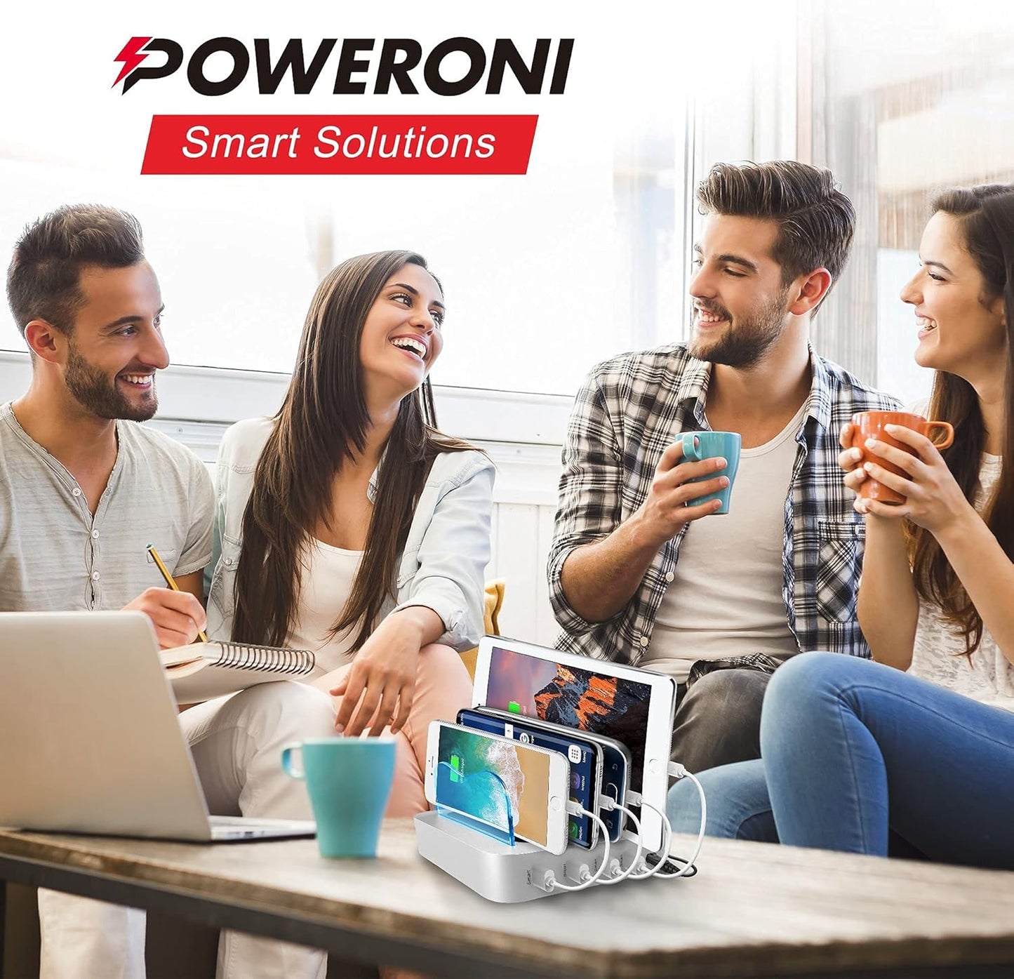 USB Charging Station - 6 Port Universal Charging Station for Multiple Devices - Multi Device Charger Dock - Compatible with Apple, iPad, iPhone, Android Cell Phones, and Tablets - Black