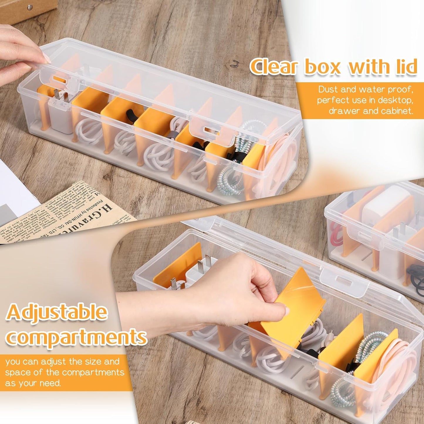 COMNICO 2 Pcs Cable Organizer Box with Lid, Clear Plastic Cord Storage Desk Organizers Desktop Cable Management Multifunctional Accessories for Home Drawer Office