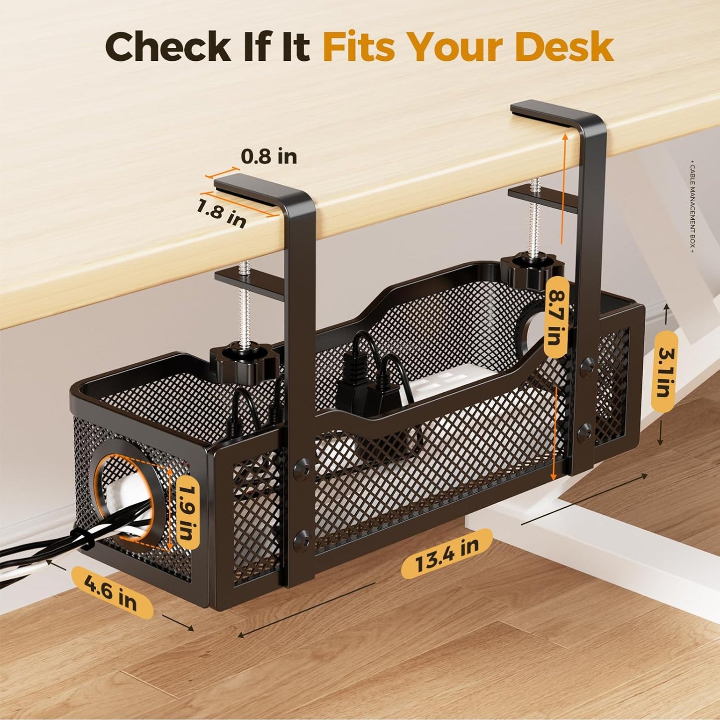 Under Desk Cable Management Tray White, Cinati Wire Organizers No Drill, Cable Tray with Clamp for Wire Management, Cord Organization Box for Office, Home - No Damage to Desk
