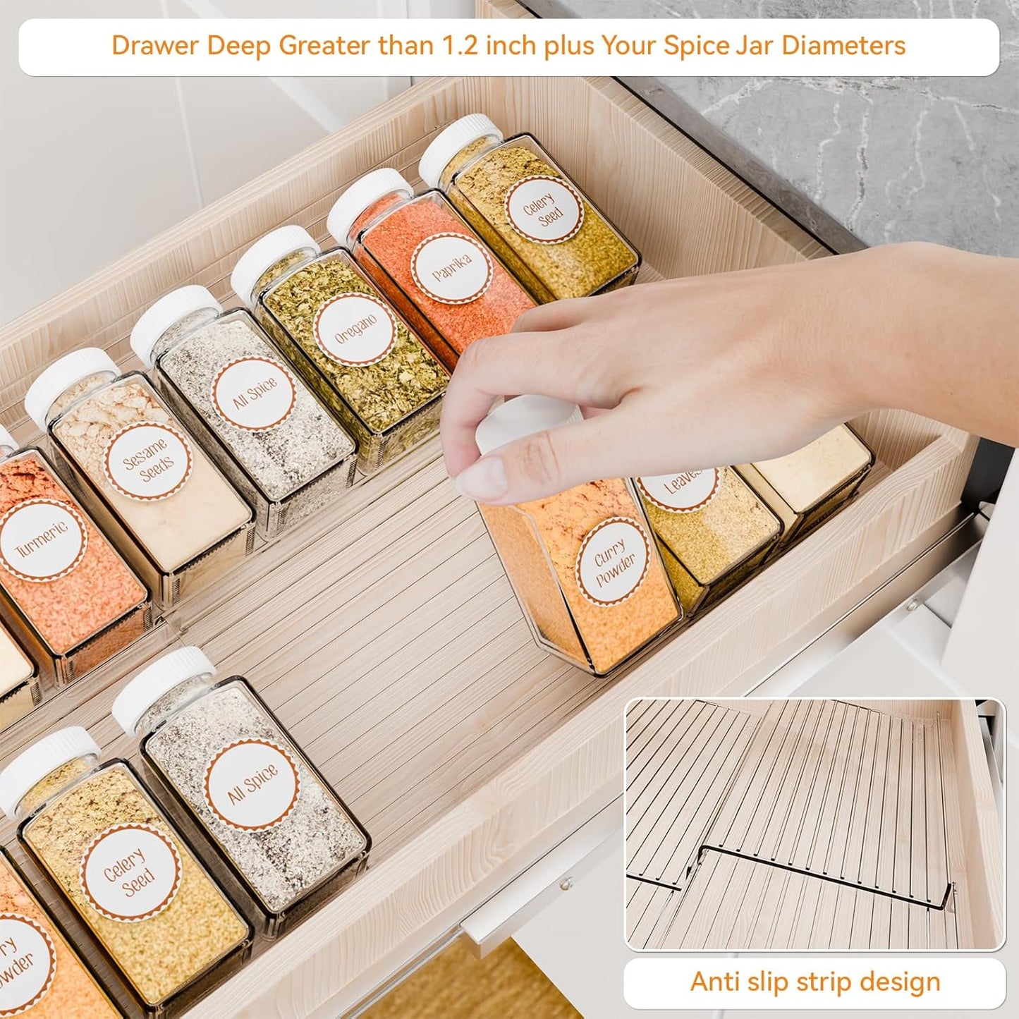 Yieach 8 Pack Adjustable In Drawer Spice Organizer - Expandable From 11'' to 22'' - Acrylic Drawer Seasoning Organizer,Clear Spice Organization Tray for Cabinet Drawers Condiment,Nail Polish and Jar