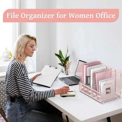 SUPEASY Desk Organizers Metal Desk Magazine File Holder with 5 Vertical Compartments Rack File Organizer for Office Desktop, Classroom, Home Workspace, Black