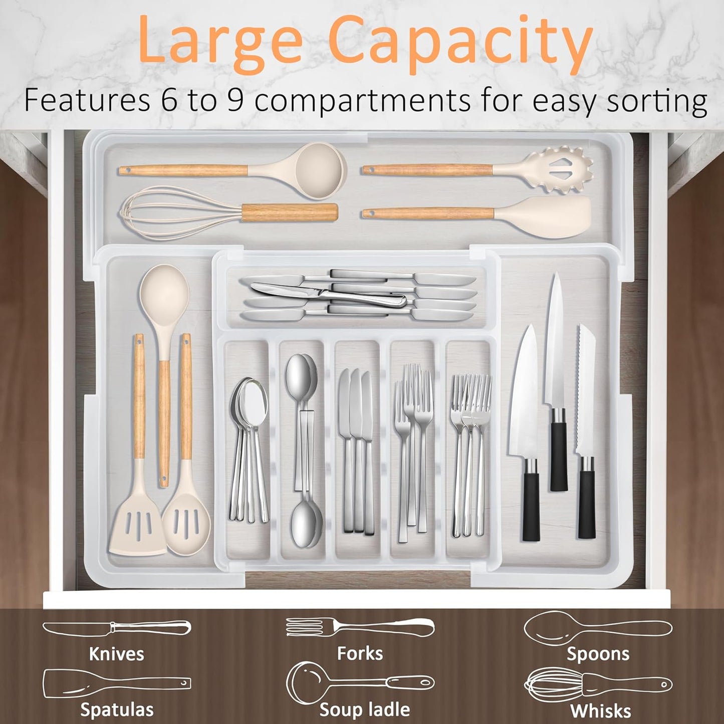 Spaclear Silverware Organizer Expandable Kitchen Utensil Drawer Organizer Large BPA Free Adjustable Cutlery Silverware Tray for Spoons Forks Knives Storage Divider for Kitchen Flatware 6-9 Slots Black