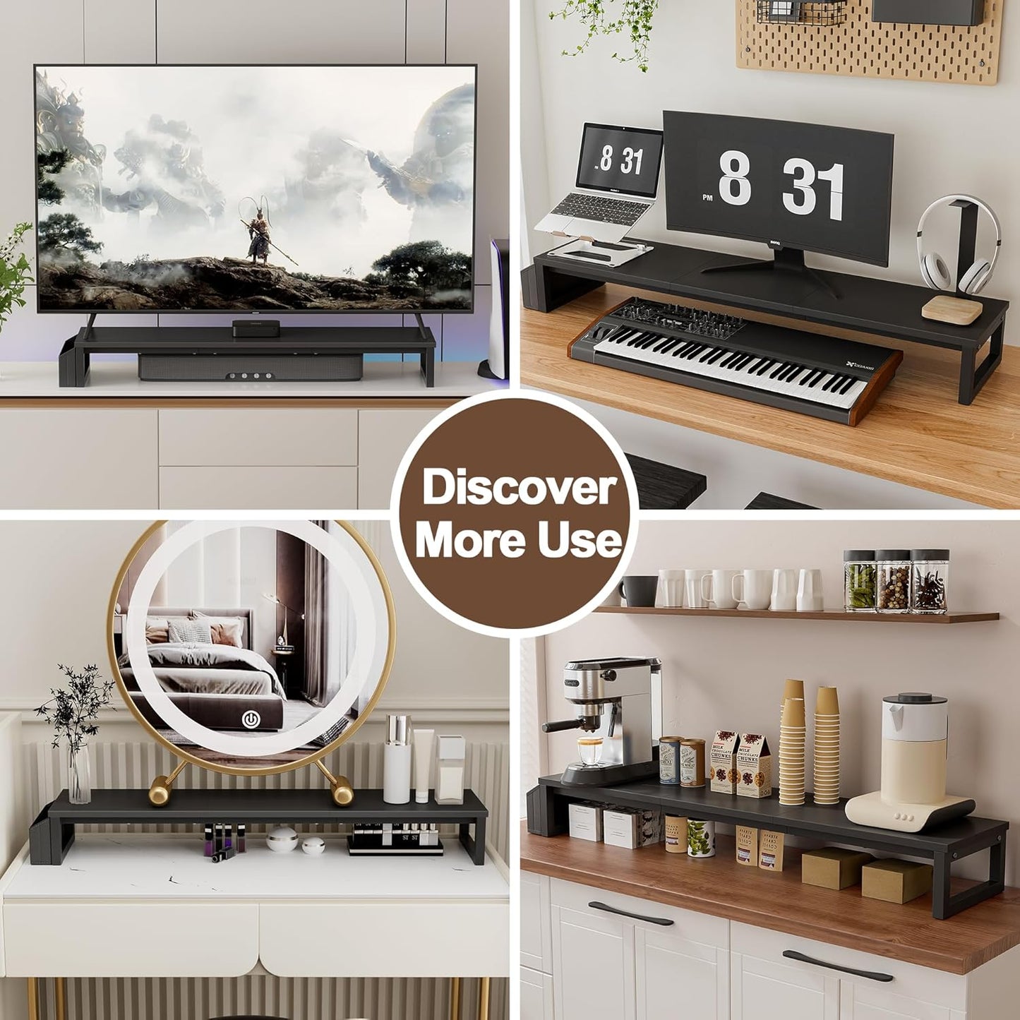 LAND·VOI Heavy Duty Dual Monitor Stand, Holds 2 Screens Up to 27 Inches, Adjustable Length and Angle Monitor Riser, Desk Organizer with Side Pockets and Drawers, Home Office Desk Storage, Rustic Brown