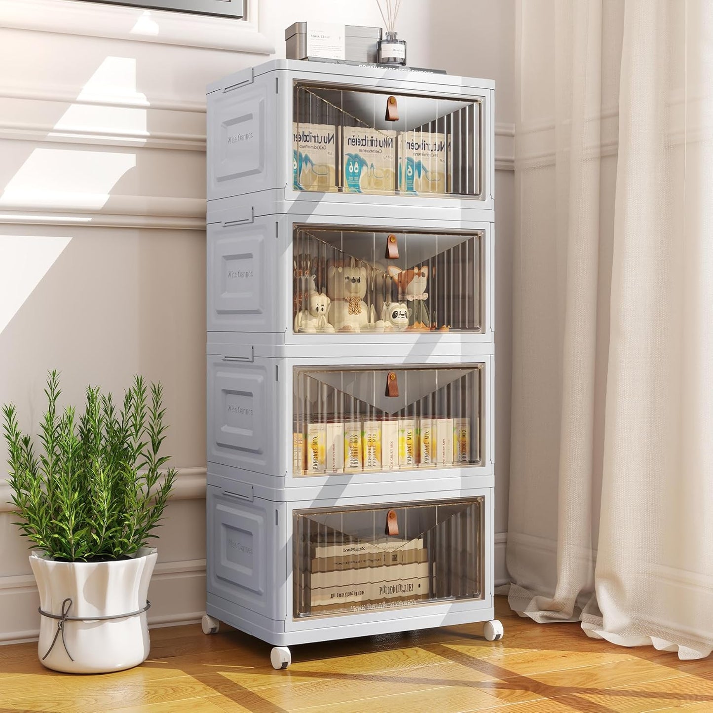 4 Tier Storage Bins with Lids, 23QT Stackable Closet Organizers and Storage with Wheels, Collapsible Storage Boxes, Foldable Plastic Storage Containers for Home,Office, Dorm Room-White