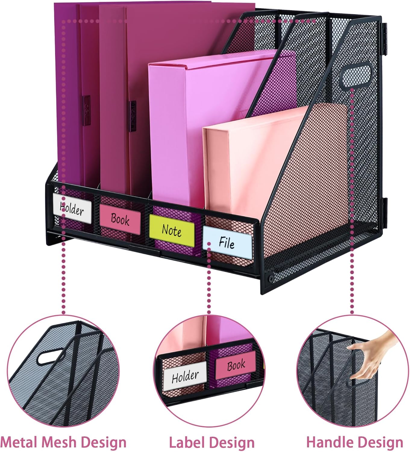 Desk Organizers, Metal Magazine File Holder with 5 Vertical Compartments Rack Binder File Organizer for Office Supplies, Home Workspace - Black