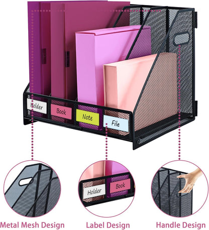 Desk Organizers, Metal Magazine File Holder with 5 Vertical Compartments Rack Binder File Organizer for Office Supplies, Home Workspace - Black