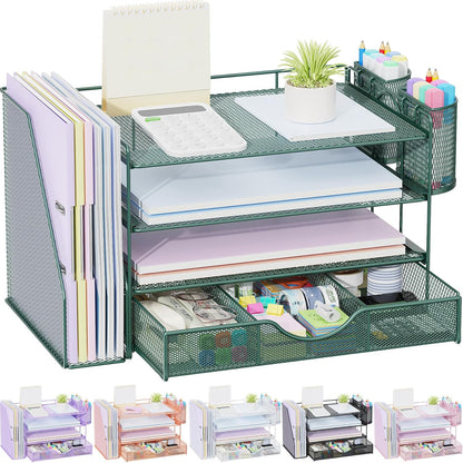 gianotter Desk Organizers and Accessories with File Holder, 4-Tier Desk Accessories & Workspace Organizers with Drawer and 2 Pen Holder, Paper Organizer for Office Supplies (Rose Gold)