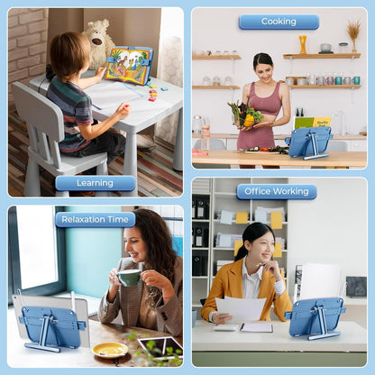 M&G Book Stand Adjustable Book Holder, Hands Free Book Display Stand Cookbook Stand with Page Paper Clips, Portable Reading Rest Desk Bookstand for Textbooks, Magazines, iPad (Blue)