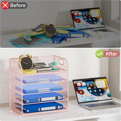 Paper Organizer Letter Tray with Handle, 5-Tier Black Stackable Desk Organizer with Metal Mesh, Sturdy Paper Tray for Office Desk, Home & Classroom Supplies Storage