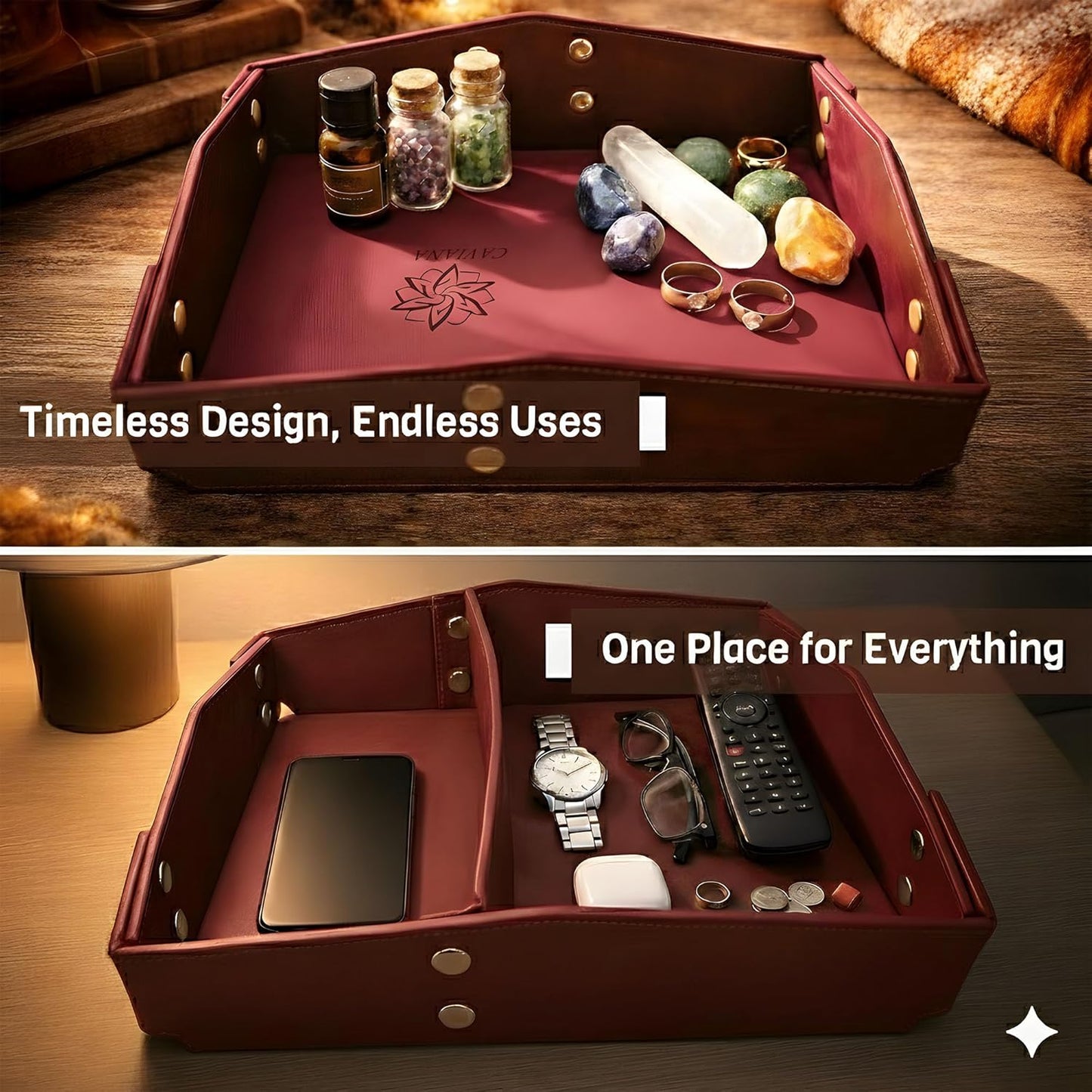 Valet Tray Organizer for Men & Women - PU Leather Catch All Tray with Removable Divider - EDC Storage for Keys, Watch, Phone - Nightstand, Dresser & Desk Organizer - Pacific Navy