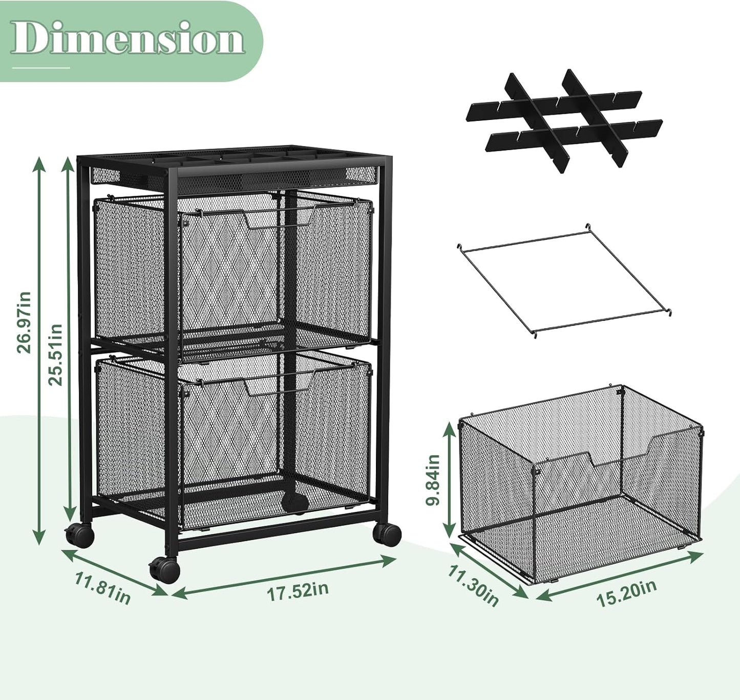 Rolling File Cart with 3 Storage Drawers, Under Desk Filing Cabinet with DIY Divider, Hanging File Folder Organizer on Wheels, Fits A4/Letter Size, Metal Utility Cart for Home Office, Black