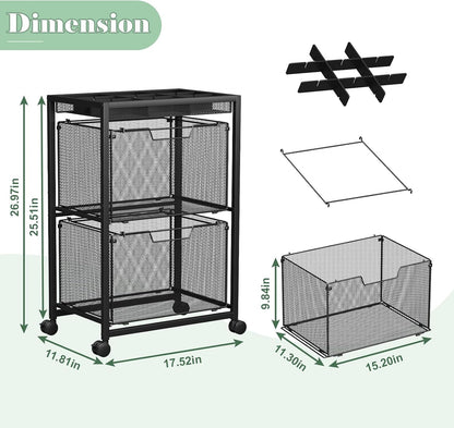 Rolling File Cart with 3 Storage Drawers, Under Desk Filing Cabinet with DIY Divider, Hanging File Folder Organizer on Wheels, Fits A4/Letter Size, Metal Utility Cart for Home Office, Black