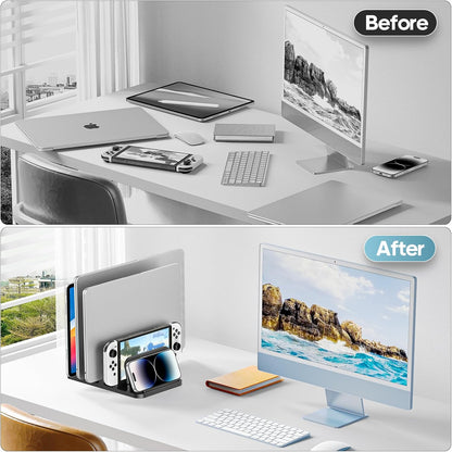 KDD 4-Slot Vertical Laptop Stand with Gravity Locking, 6-in-1 Laptop Holder Desktop Stand, Space-Saving Organizer Fits MacBook/Surface/HP/Dell/Book/Tablet/Switch/Cell Phone and Keyboard