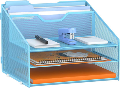 GAWERK Letter Tray Organizer, Mesh Desk File Organizer with 3 Paper Trays and 2 Vertical Upright Section, Blank