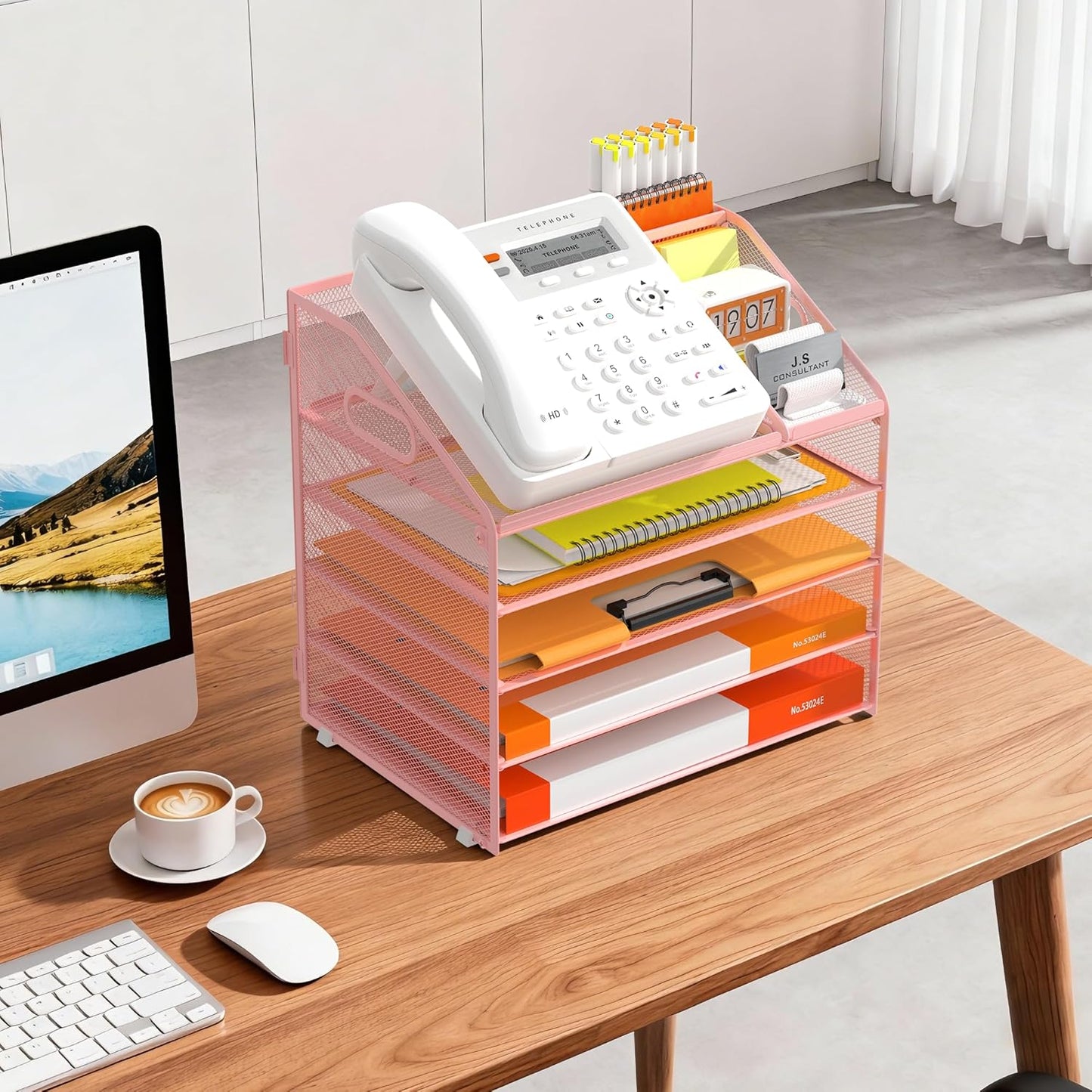 DocNest 4 Tier Metal Mesh Letter Tray - Space Saving Desk File Organizer with Handle, Pen Holder & Folder Holder - Desktop Document Sorter for Office, Home, School, Classroom - Black
