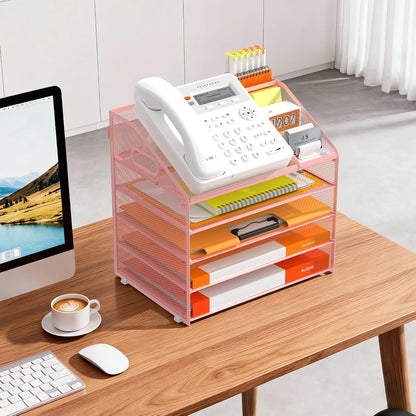 DocNest 4 Tier Metal Mesh Letter Tray - Space Saving Desk File Organizer with Handle, Pen Holder & Folder Holder - Desktop Document Sorter for Office, Home, School, Classroom - Black