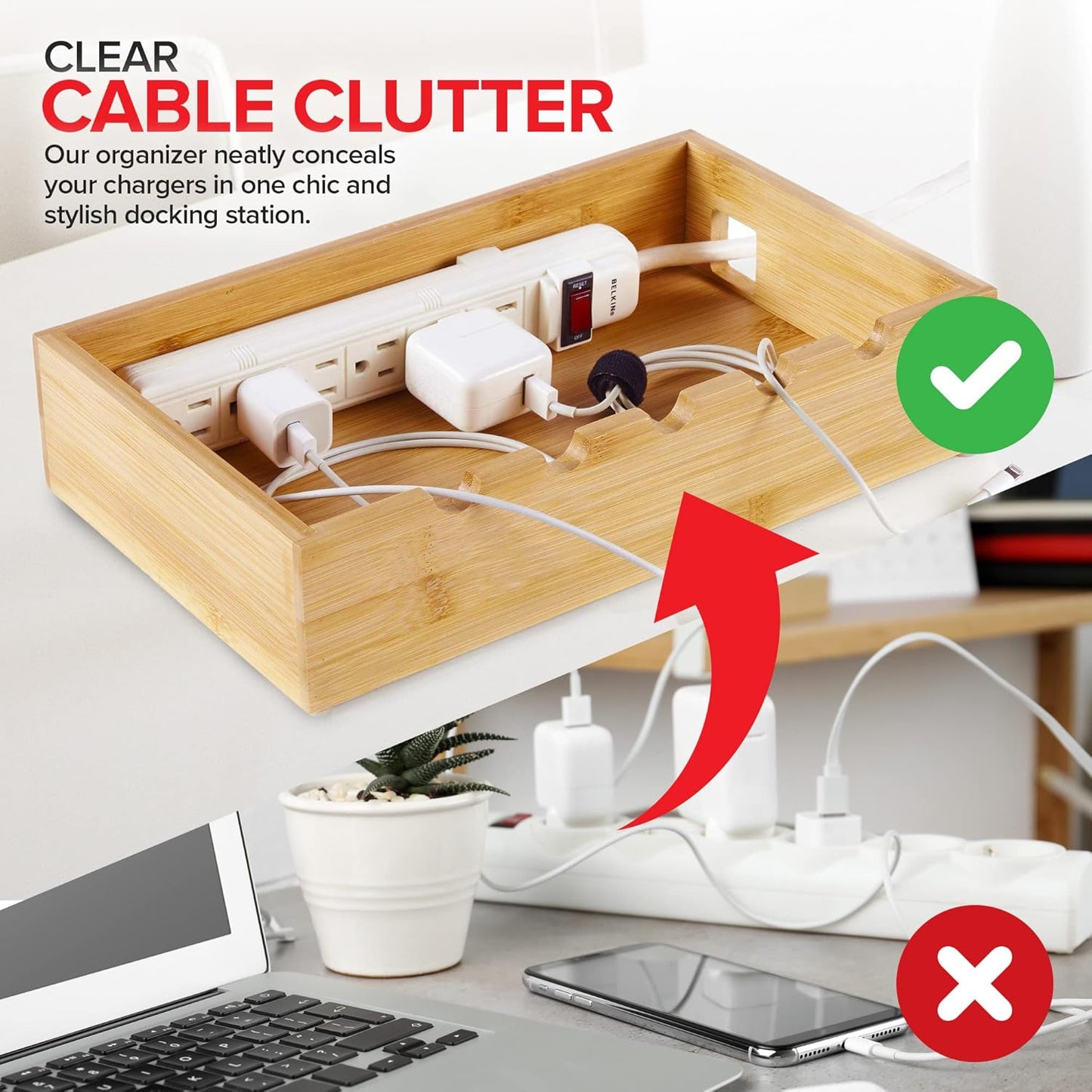 Modern Innovations Bamboo Charging Station for Multiple Devices (White) Wood Device Organizer, Desk Docking Stand for Cell-Phone Charger, Compatible with Apple, Android, iPad, iPhone, Tablet, Laptop
