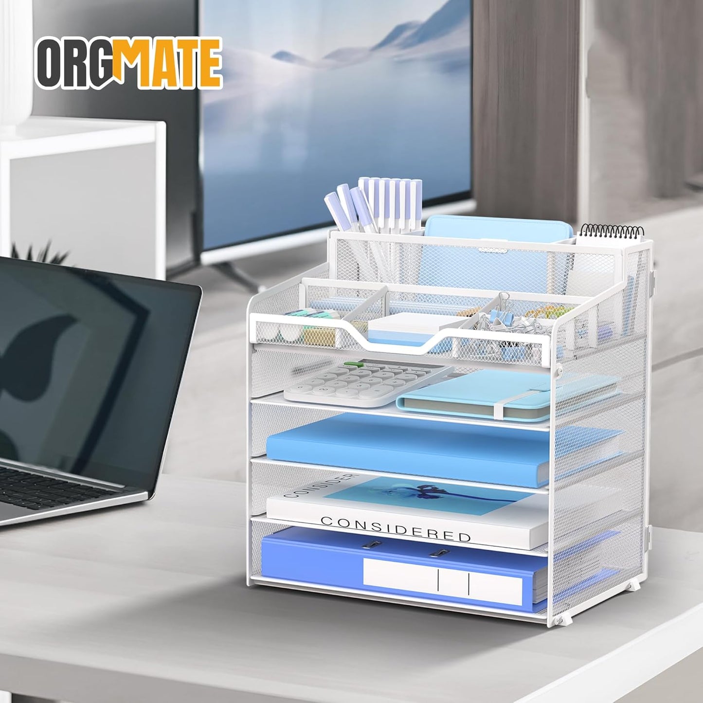 5 Tier Mesh Desk Organizer,Multi Functional Letter Paper Tray with 3 Pen Holders and 5 Adjustable Storage Compartments for Office Supplies Files and Mail Space Saving Desktop Organizer-Black