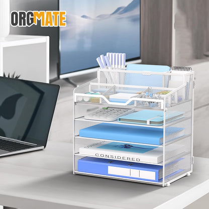 5 Tier Mesh Desk Organizer,Multi Functional Letter Paper Tray with 3 Pen Holders and 5 Adjustable Storage Compartments for Office Supplies Files and Mail Space Saving Desktop Organizer-Black