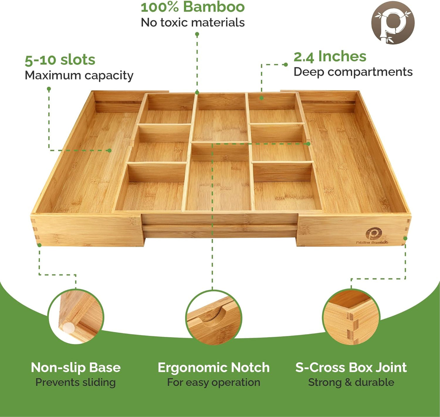 Pristine Bamboo Expandable Drawer Organizers for Kitchen - Extra Deep Non-Slip 17” x 14.6” (expands up to 25 inches) - Dark Wooden Silverware Divider (10 Compartments) – Organize Cooking Utensils