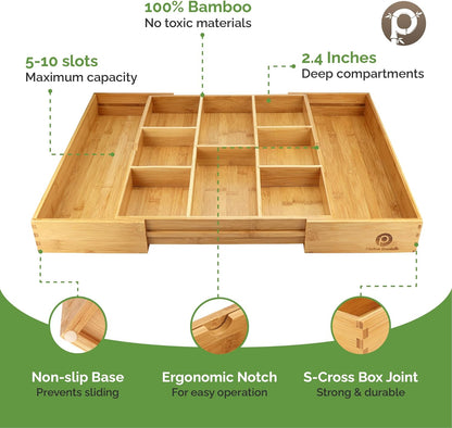 Pristine Bamboo Expandable Drawer Organizers for Kitchen - Extra Deep Non-Slip 17” x 14.6” (expands up to 25 inches) - Dark Wooden Silverware Divider (10 Compartments) – Organize Cooking Utensils