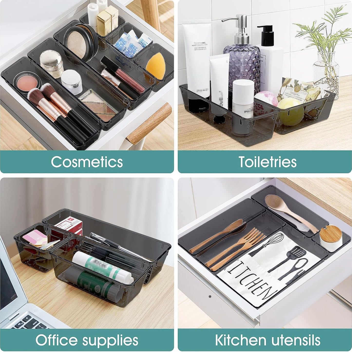 WOWBOX 30 PCS Clear Plastic Drawer Organizer Set, 5 Sizes Desk Drawer Divider Organizers and Storage Bins for Makeup, Jewelry, Gadgets for Kitchen, Bedroom, Bathroom, Office, Black