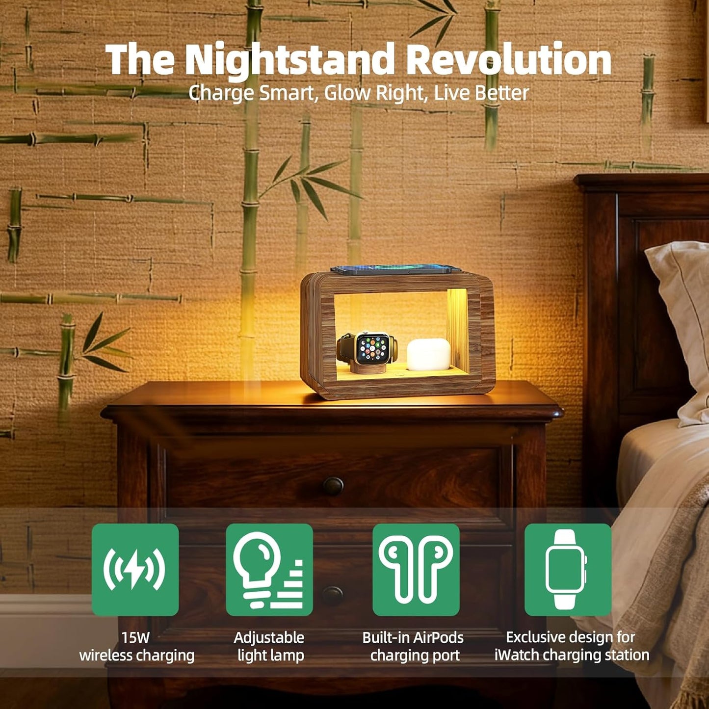4 in 1 Bamboo Charging Station for Multiple Devices, 15W Fast Wireless Charger with Stepless Dimmable Night Light, Wood Style Dock Compatible with iPhone/iWatch/AirPods